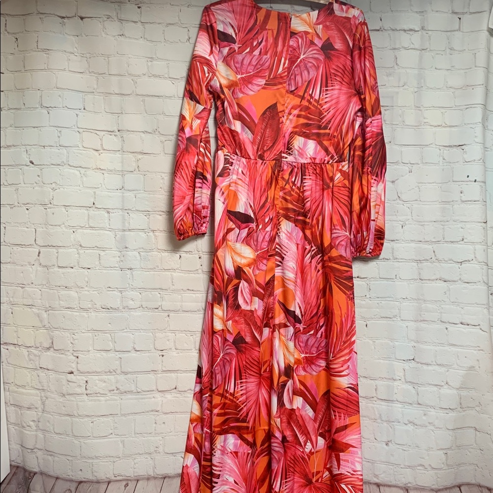 Boston Proper Retro Pink and Red Palm Leaf Long Sleeve Maxi Dress Size 6 - Picture 6 of 6